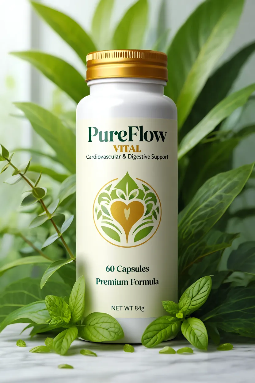 PureFlow Vital supplement bottle with natural green background showcasing premium cardiovascular and digestive support formula